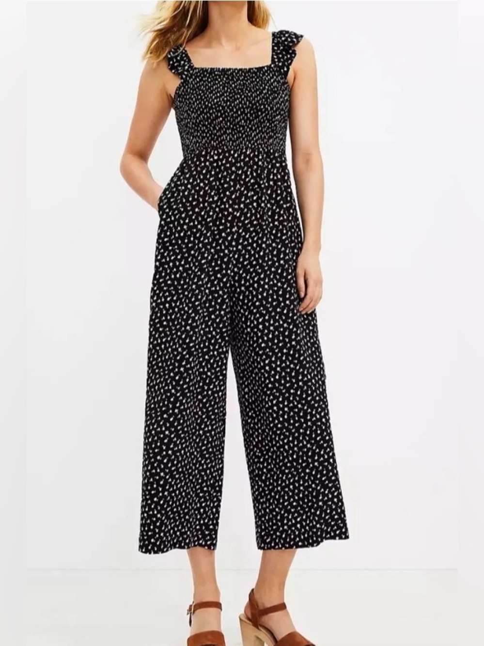 Loft Ruffle Wide Strap Jumpsuit Size 4 Crop Wide Leg Black White Polka Dot Lined